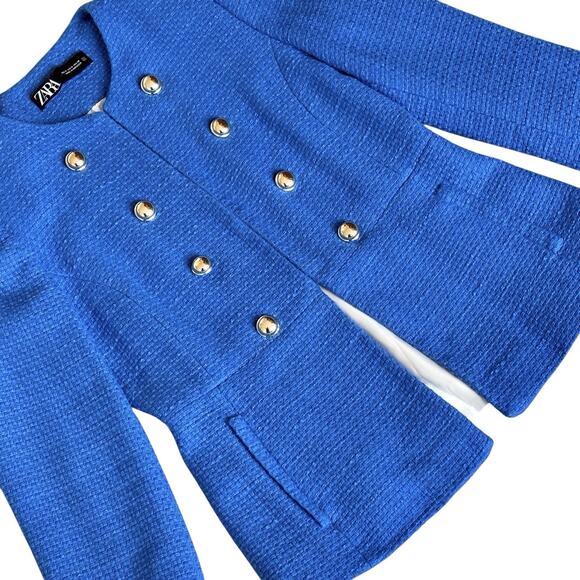 Zara Textured Blue Blazer Jacket Gold Buttons Hook Eye Closure Cotton Medium - Picture 13 of 16